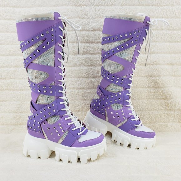 Wang Limited Edition Lilac Purple Wedge Platform Sneaker Festival Knee Boots - Picture 1 of 16